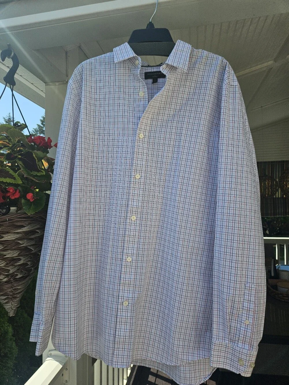 Banana Republic Men's White, Red, Blue Windowpane Button-Up Shirt Xl Tall Slim